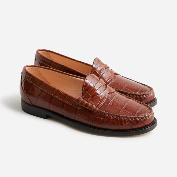 734. J. CREW Winona Penny Loafers Brown Croc Embossed $278 Like New Sz 10 - Picture 1 of 5